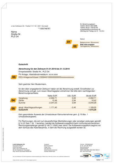 Seite 1 einer Beispielabrechnung einer PV-Anlage unter 10 kW