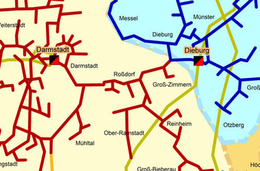 Ausschnitt der Marktgebietskarte des Gasnetzes der e-netz Südhessen