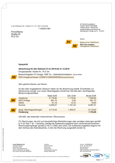 Seite 1 einer Beispielabrechnung einer PV-Anlage über 10 kW