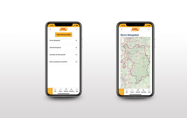 Zwei Screenshots der App e-netz-Report: 1. Übersicht der Sparte Strom und 2. Detailansicht einer Versorgungsunterbrechung in Kartenoptik