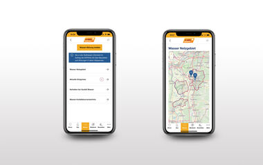 Zwei Screenshots der App e-netz-Report: 1. Übersicht der Sparte Wasser und 2. Kartenansicht der angeschlossenen Kommunen in Kartenoptik